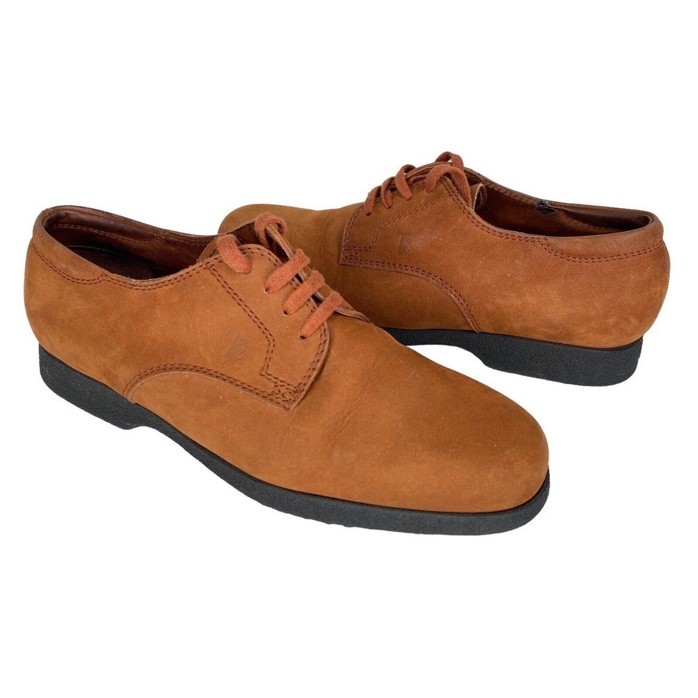 Tod’s Derby Loafers Womens Sz 39.5/9M Cognac Suede Leather Lace Up Menswear